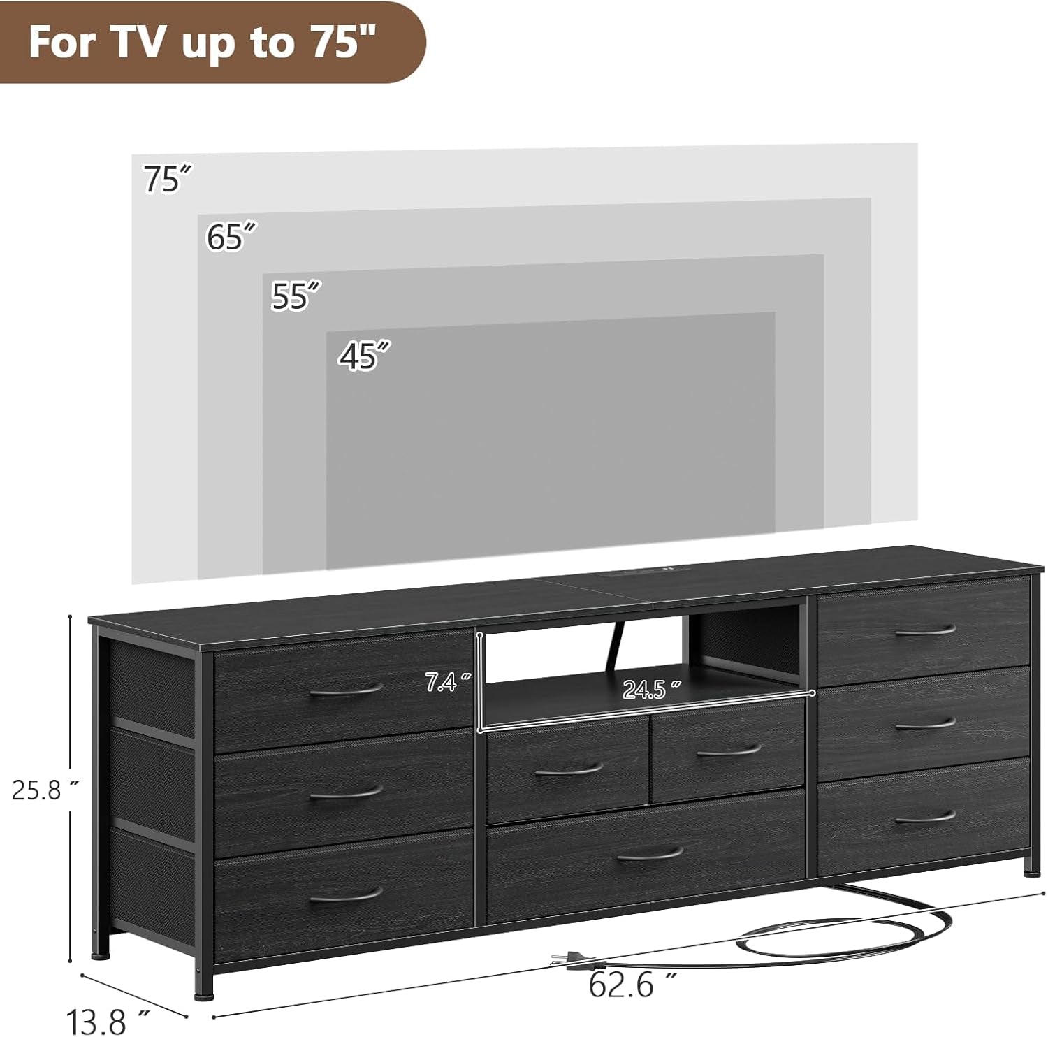 9 Drawer Dresser, 63” Long TV Stand for Bedroom, Entertainment Center with Power Outlet & LED Light for 65"-75" TV, Black Dresser with Fabric Storage Drawers for Closet
