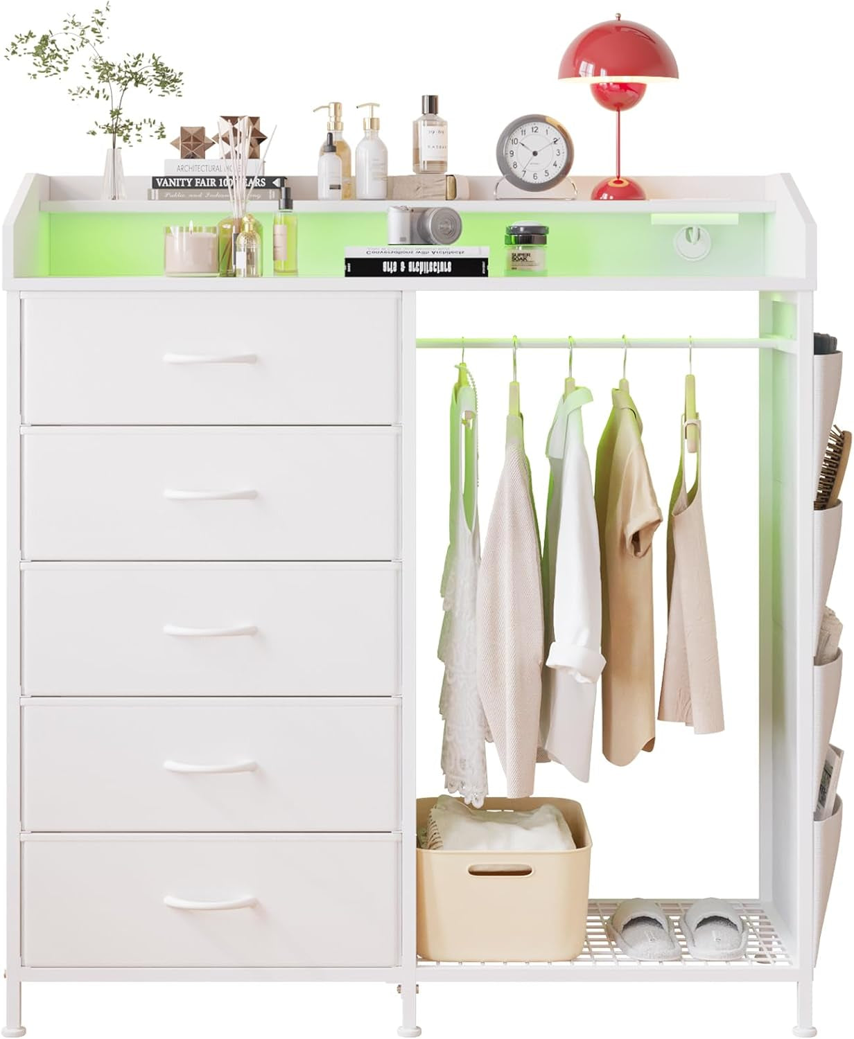 Modern 5 Dresser with LED Hanging Rack, Dresser with Clothes Rack, Hanger Rack, and Storage Drawers, Drawer Dressers with Coat Racks for Bedroom Living Room, Entryway, Closets (White)