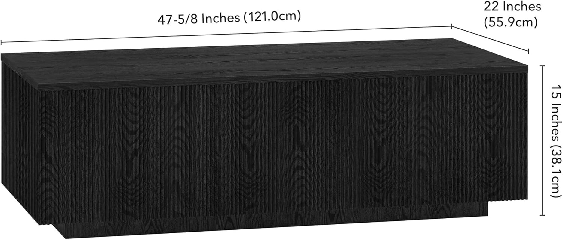 48" Fluted Rectangular Low-Profile Coffee Table for Living Room, Family Room, or Office, Black Grain