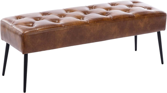 Button-Tufted Ottoman Bench, Upholstered Bedroom Benches Leather Footrest Stool Accent Bench for Entryway Dining Room Living Room Bedroom End of Bed, Yellowish Brown
