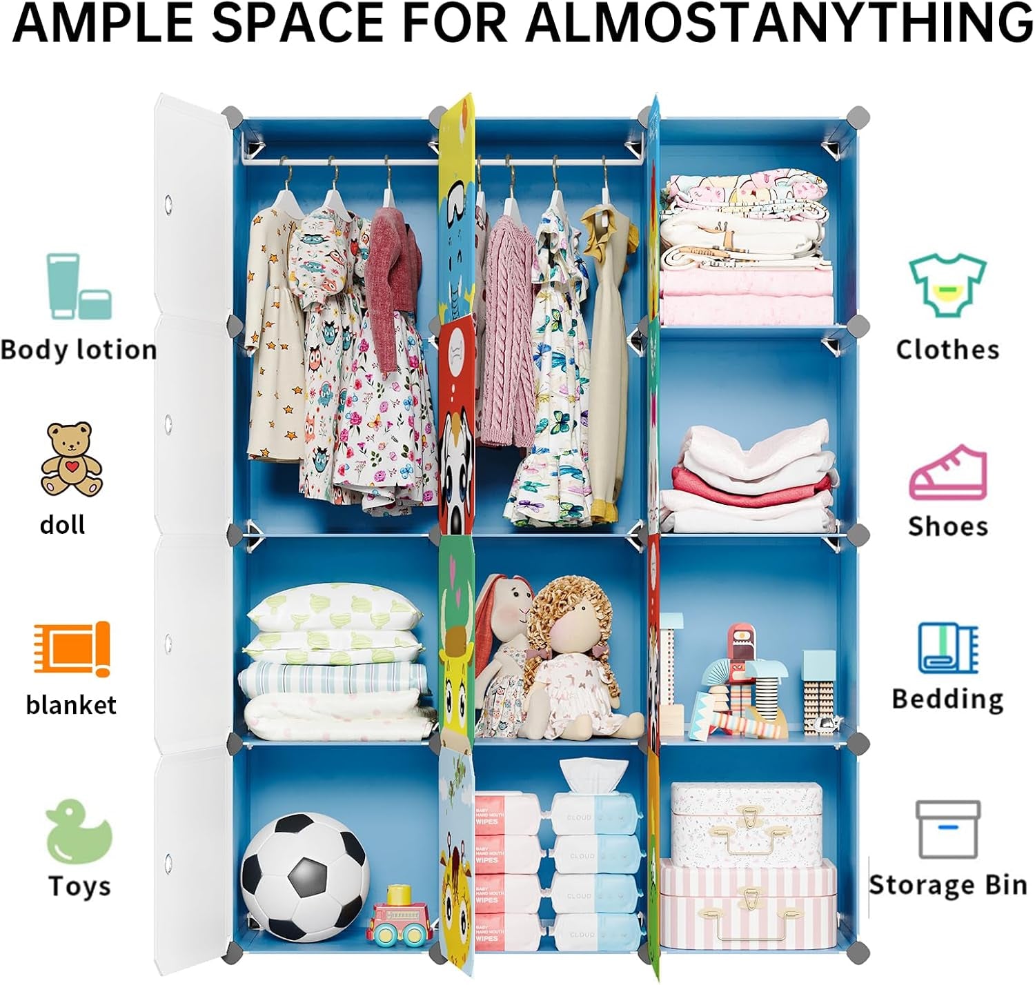 Kids Closet,Baby Wardrobe Closet with Door,Cute Portable Armoire Dresser,Clothes Hanging Storage Rack for Boy Bedroom,Blue,12 Cube(14X14Inch)
