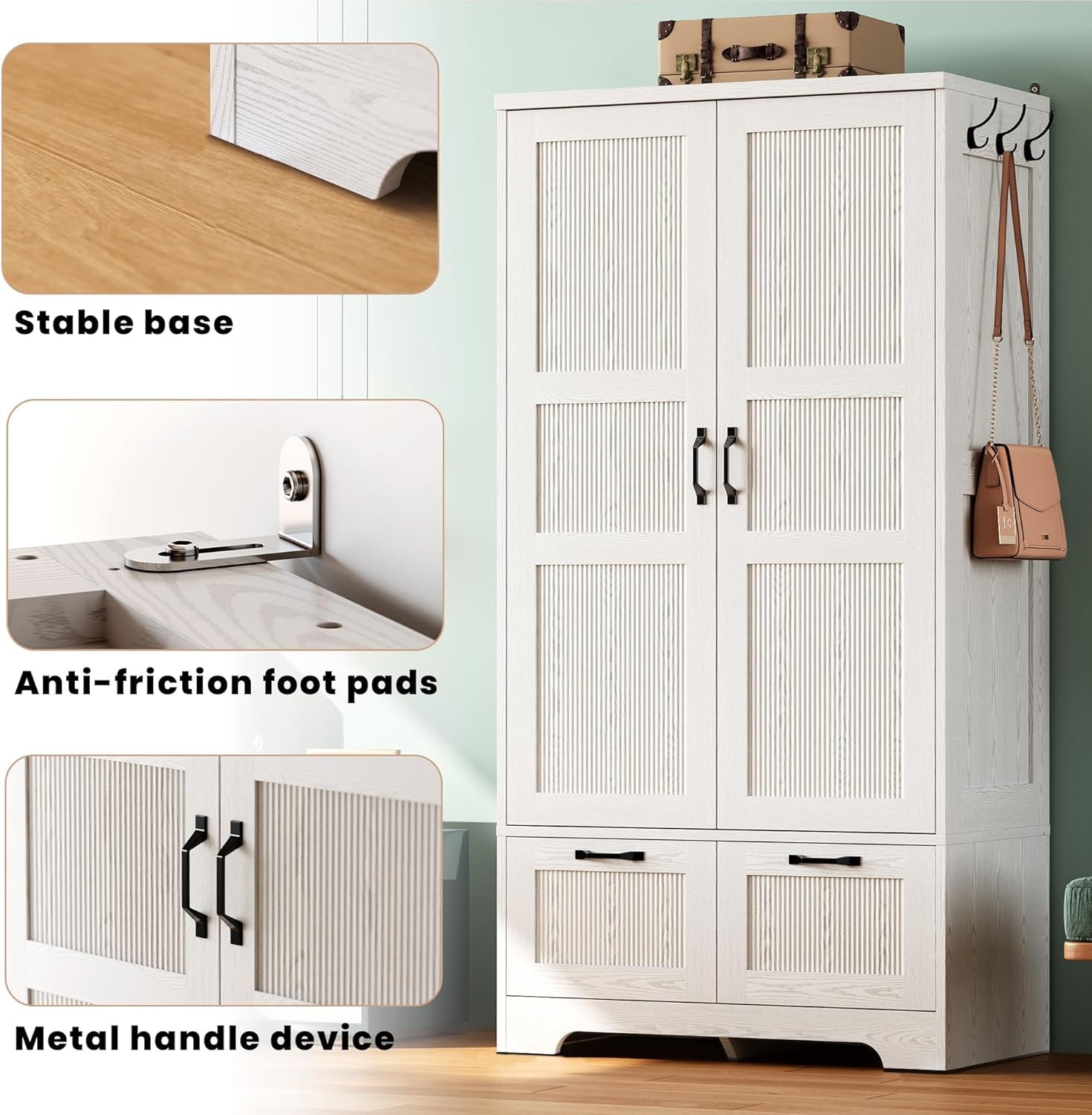 Armoire Wardrobe Closet, 71" H Wooden Clothing Storage Cabinet with 2 Doors and 2 Drawers, Bedroom Freestanding Wardrobe Combination with Hanging Rod and Adjustable Shelves, White