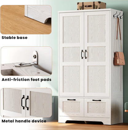 Armoire Wardrobe Closet, 71" H Wooden Clothing Storage Cabinet with 2 Doors and 2 Drawers, Bedroom Freestanding Wardrobe Combination with Hanging Rod and Adjustable Shelves, White