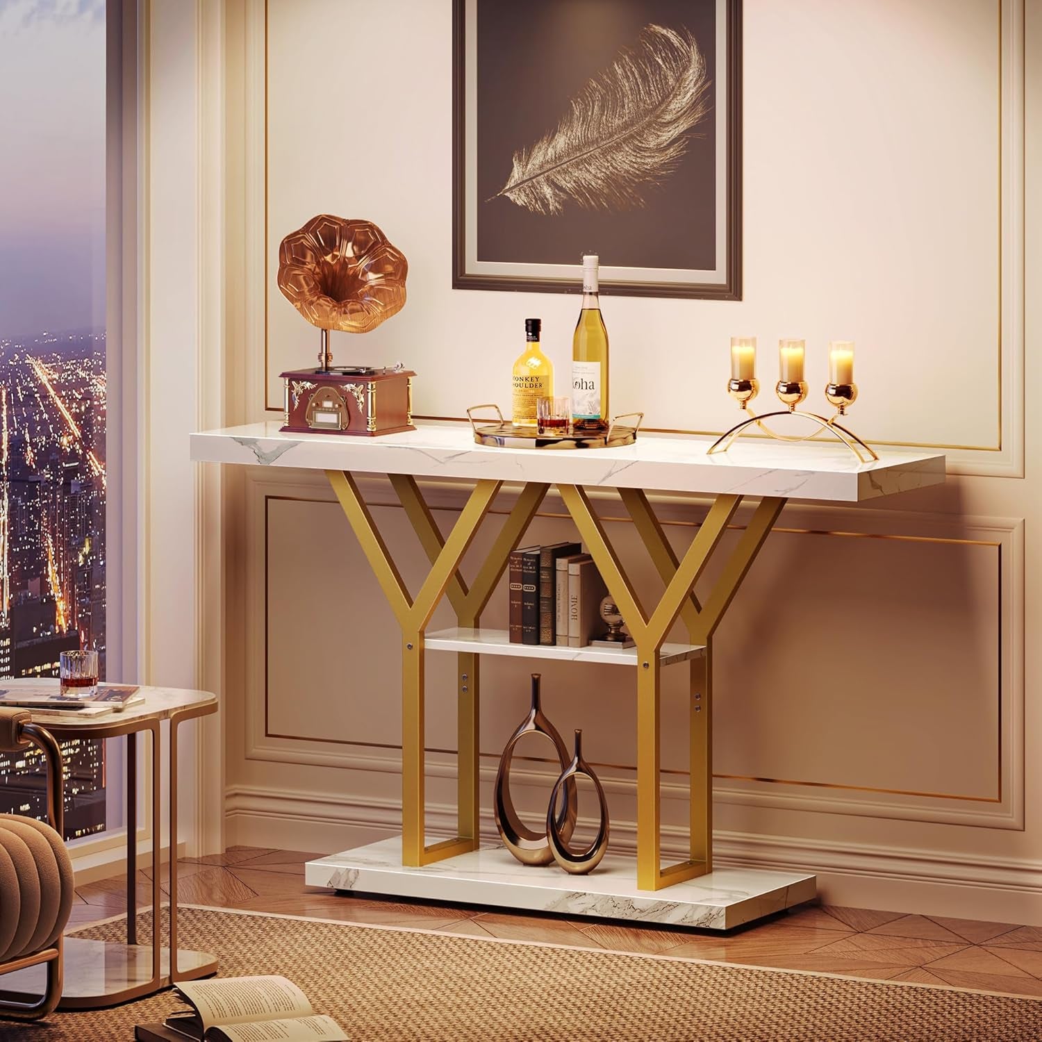 47.2 Inch Entryway Table with Marble Top, Industrial Console Sofa Table, 3 Tier Accent Table, for Entry, Hallway, Entrance, Foyer, Y-Shaped Metal Base, White Marble & Gold