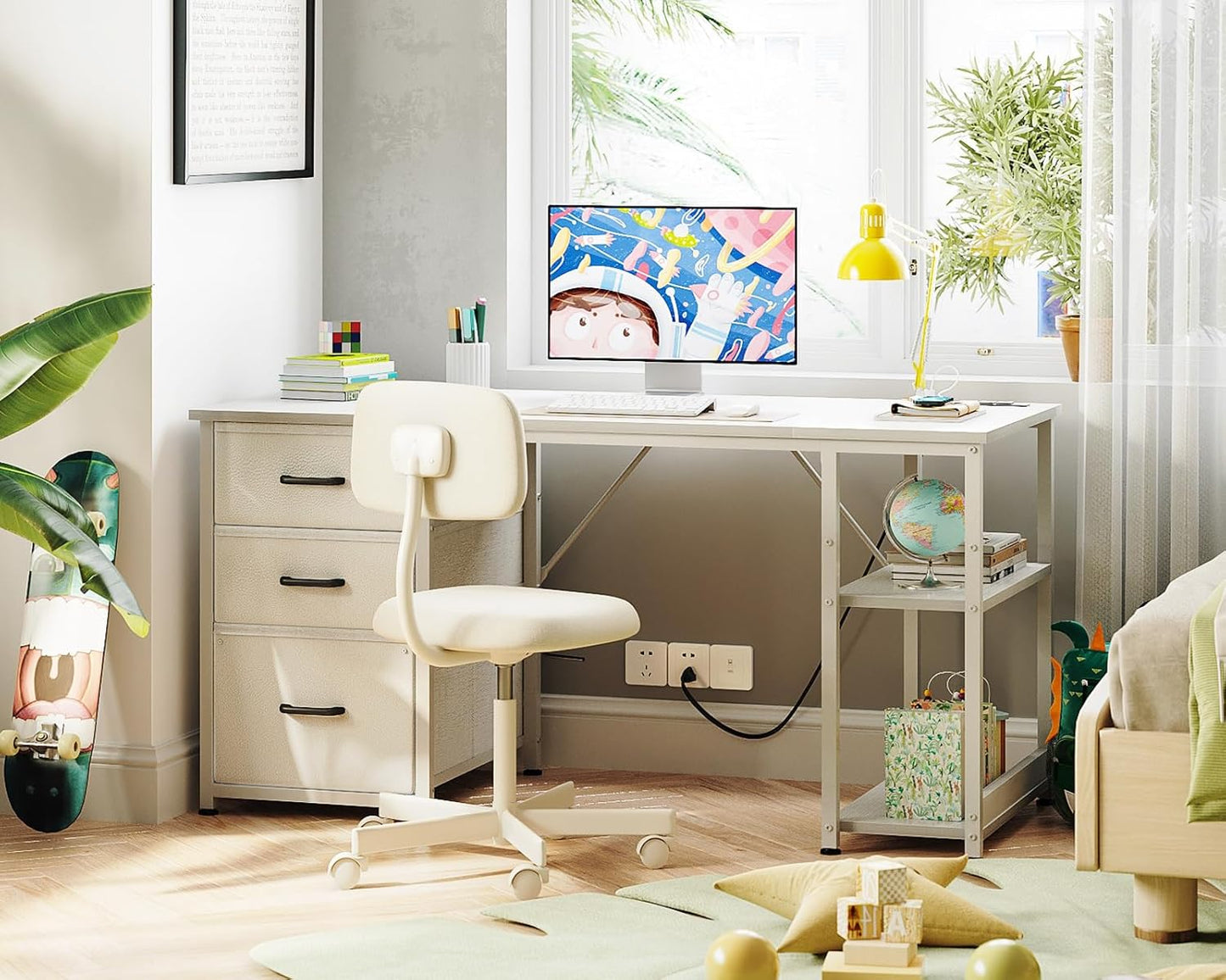 51 Inch Computer Desk with File Drawers & USB Power Outlets - Reversible Home Office Desk with Storage Shelves, Work from Home, Modern Work/Writing/Study Table for Bedroom, White