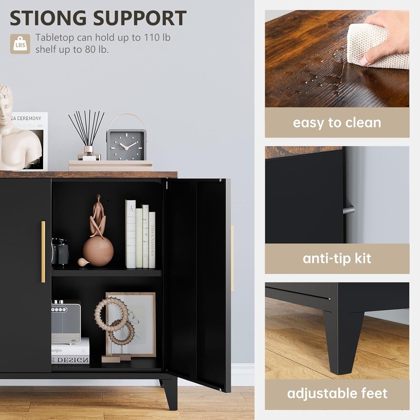 30" H Outdoor Storage Cabinet, Sideboard Buffet Cabinet, 2 Doors, Metal, Adjustable Shelf, Kitchen,Coffee Bar, Garden, Entryway, Table Cupboard,16" Dx 32" Wx30 H Black