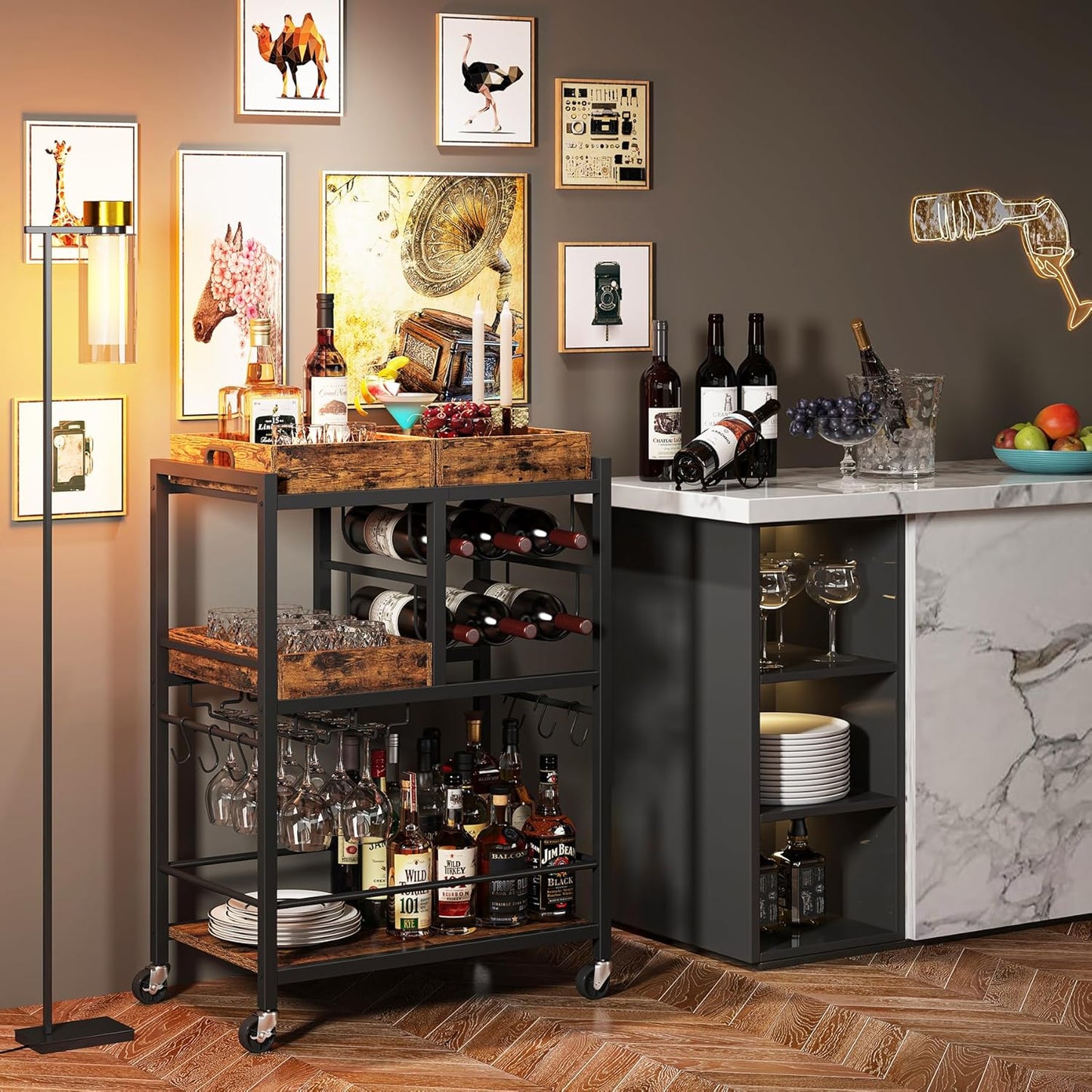 Bar Cart, Home Bar Serving Cart, 3-Tier Kitchen Cart on Wheels, Rolling Beverage Cart with Wine Rack and Glass Holder, Brown BC01BB037