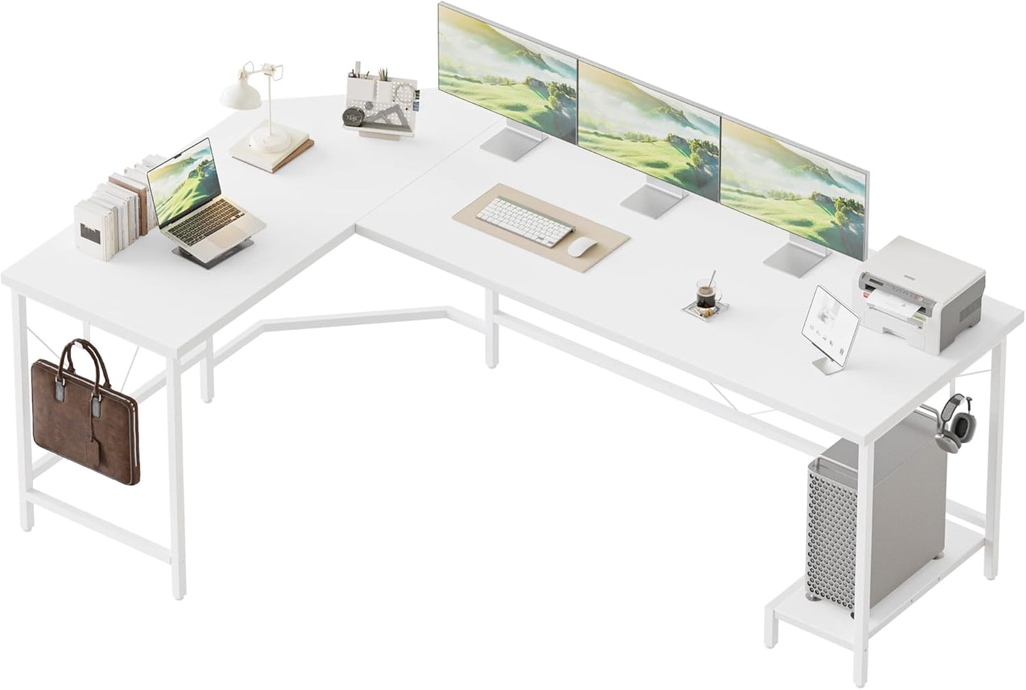 50 Inch Large L Shaped Desk, Simple Corner Gaming Desk with CPU Stand & Hooks, Computer Desk for Home, Bedroom & Office Workspace, Walnut