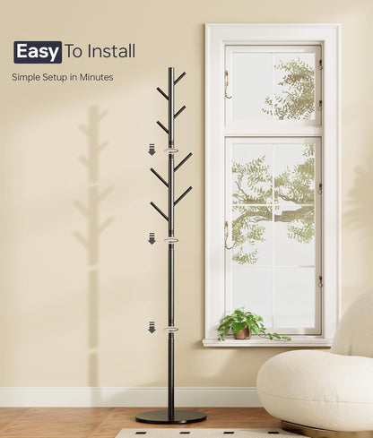 Coat Rack with 8 Hooks, Modern Hall Tree, Sturdy Metal Clothes Stand & Sintered Stone Base for Entryway, Office, Bedroom, Stable Storage in Coats, Hats, Handbags and Scarves, Black