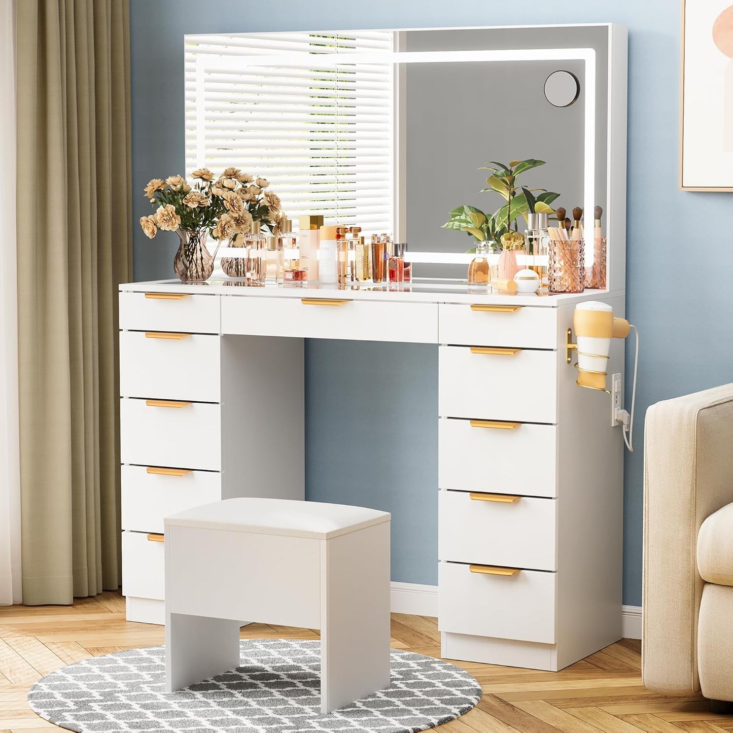 Glass Top Vanity Desk with Mirror and Lights, 11 Drawers Makeup Vanity with Charging Station and Chair, Golden Handles Dressing Table, 3 Lighting Modes Makeup Table, White