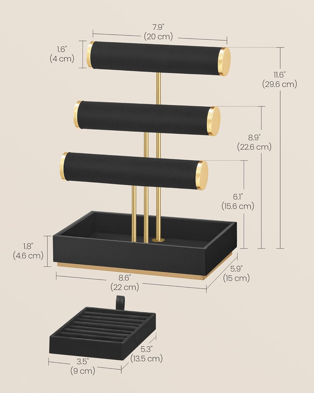 Bracelet Holder Stand, Jewelry Display Stand, Jewelry Organizer, with 3 Tiers and Velvet Tray, Removable Ring Holder, Ink Black UJJS027B01