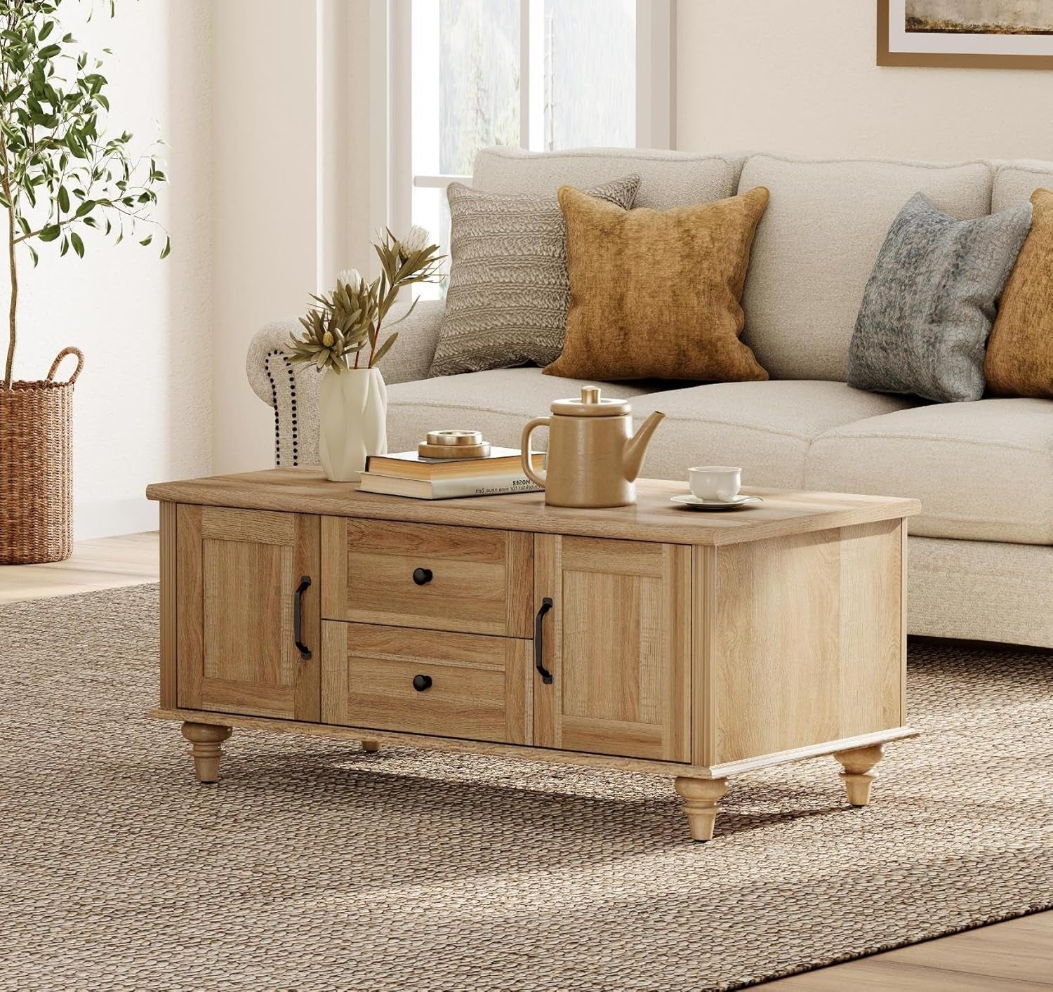 Farmhouse Coffee Table with Storage Cabinet, Wooden Coffee Tables for Living Room, Rustic Tea Table Rectangle Center Table with Drawers for Home, Oak