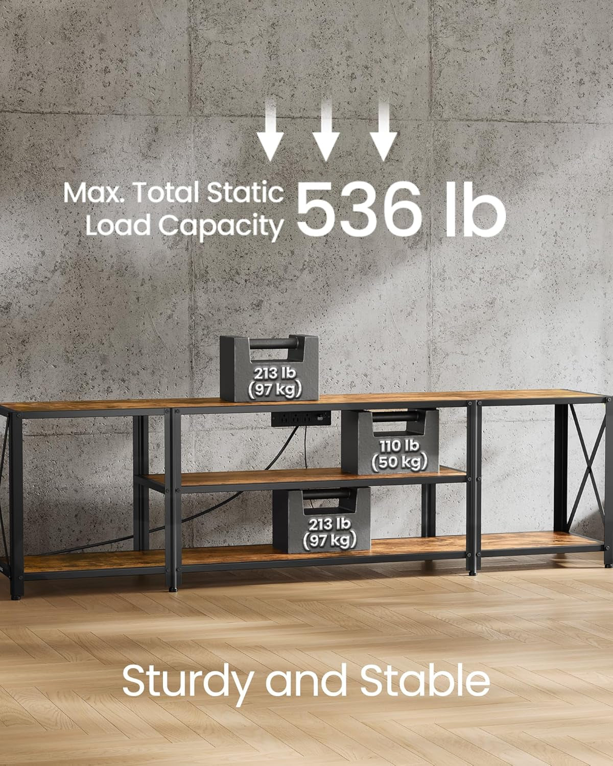 TV Stand with Power Outlets and LED Lights, for Tvs up to 75 Inches, Entertainment Center with Open Storage Shelves, Console Table for Living Room, Rustic Brown and Ink Black ULTV122K01