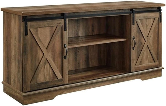 Richmond Modern Farmhouse Sliding Barn Door Stand for Tvs up to 65 Inches, without Fireplace, Rustic Oak