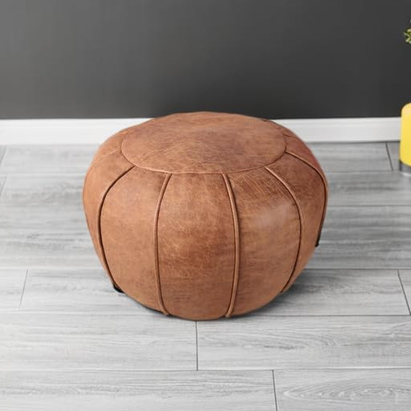 Unstuffed Moroccan Ottoman Pouf Cover, Waterproof Handmade Faux Decor Storage Solution, Footstool Pouffe Cover Replacement Balcony Indoor 21Dia Chestnut Brown, ONLY Cover