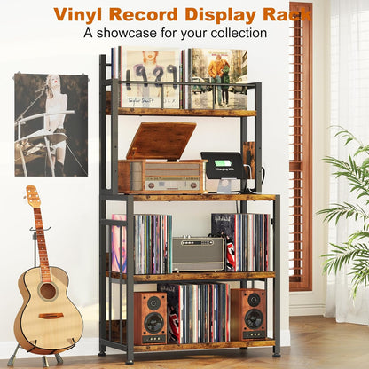 Record Player Stand with Vinyl Storage, Turntable Stand Holds up to 300 Albums, Large Record Player Table with Charge Station, Vinyl Record Stand for Living Room