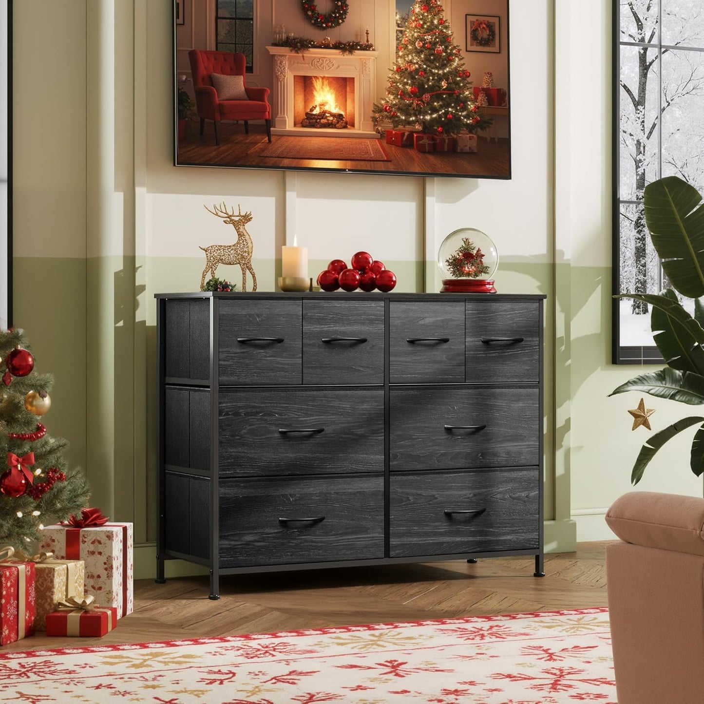 Dresser for Bedroom with 8 Drawers, Wide Fabric Dresser for Storage and Organization, Bedroom Dressers, Chest of Drawers for Living Room, Closet, Hallway, Charcoal Black Wood Grain Print