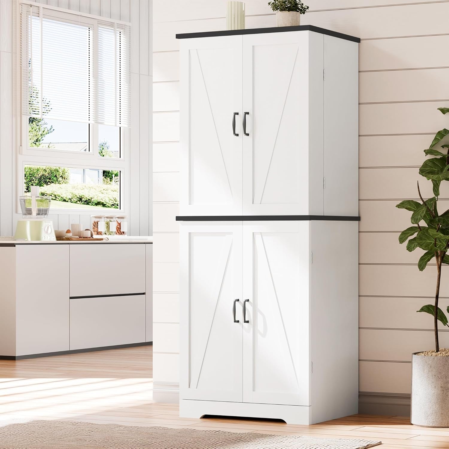 Kitchen Pantry Storage Cabinet with Barn Doors, Drawer and Adjustable Shelves, 6-Tier Tall Rustic Wood Cupboard Locker for Kitchen, Dining Room, Living Room, Bathroom, (White)