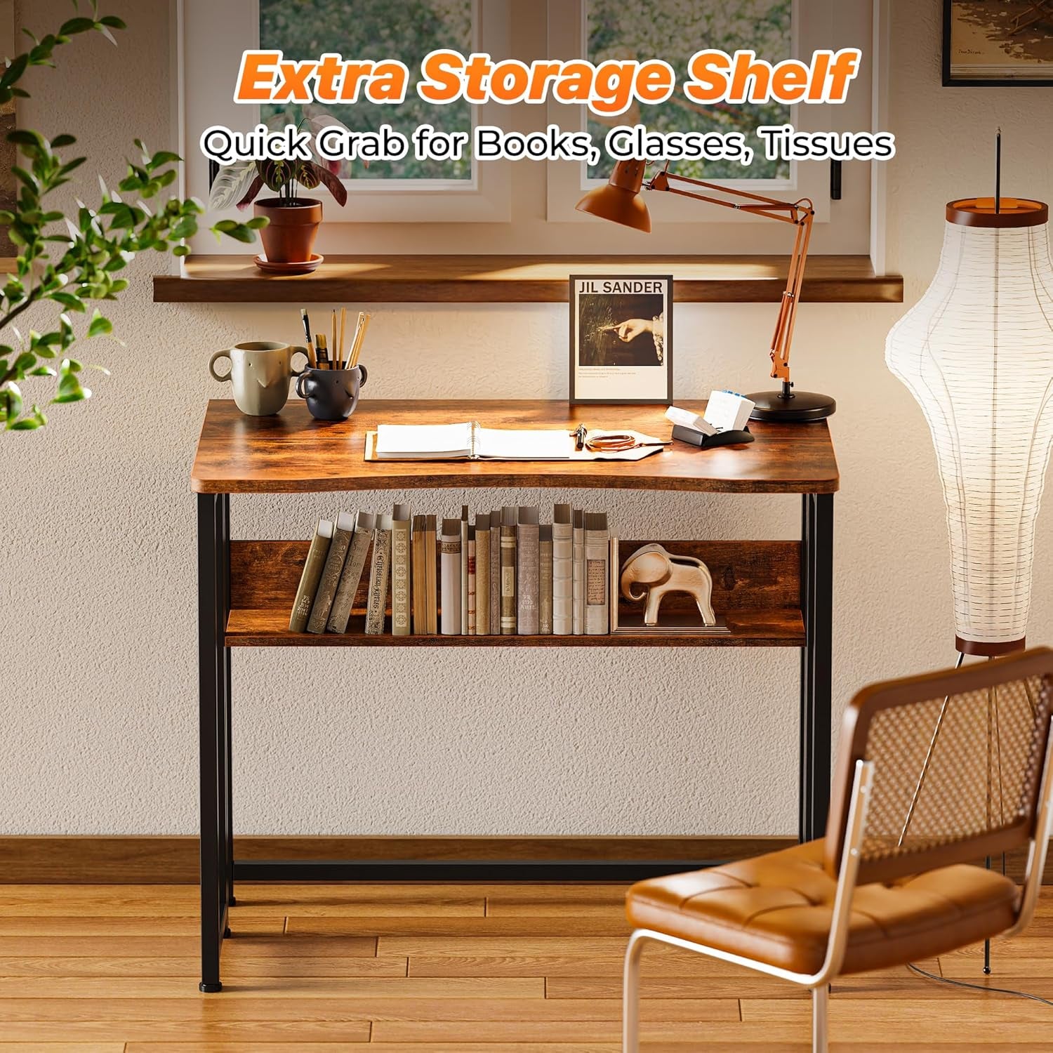 Folding Desk with Storage Shelf, 31.5 Inch Foldable Computer Table for Small Spaces, Space Saving Sofa Table for Couch, Writing Work Office Computer Desk, Easy to Fold, Rustic Brown