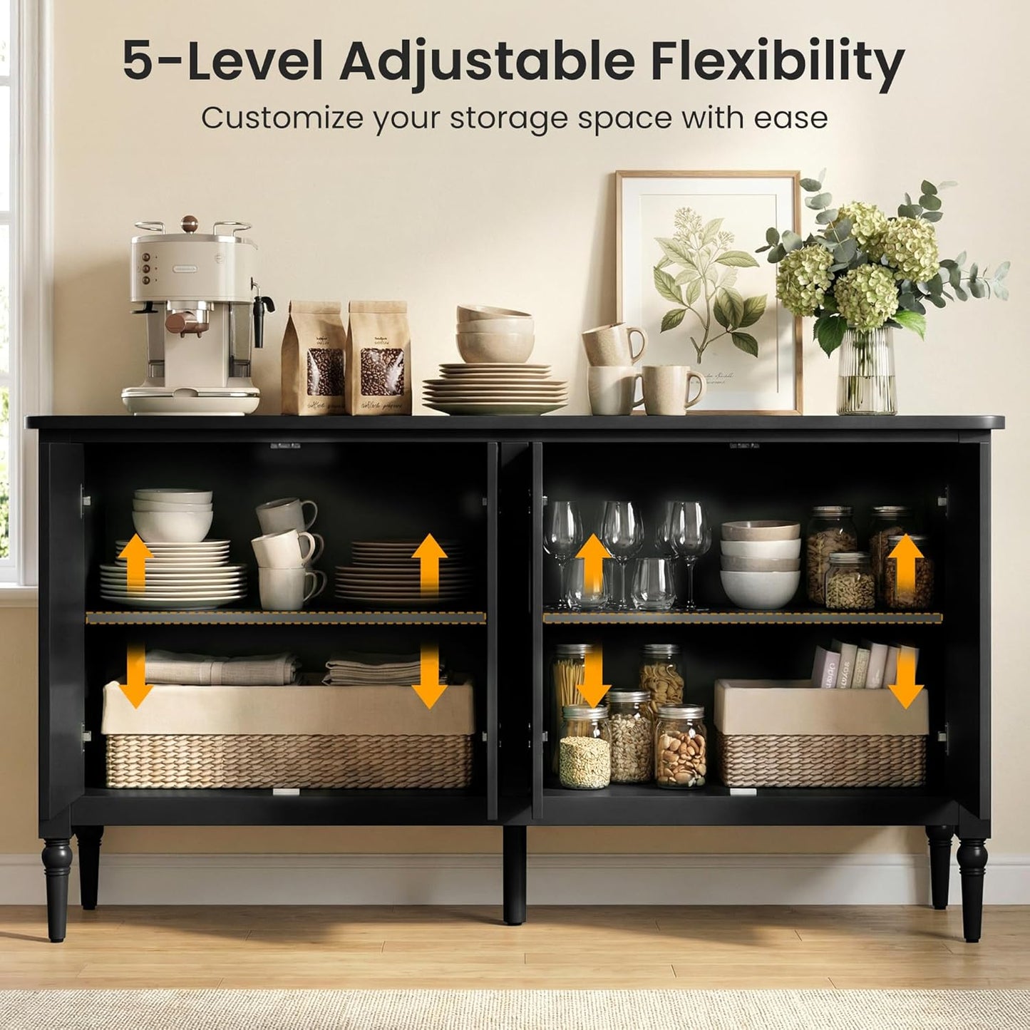 59'' Sideboard Buffet Cabinet with Storage, Modern Buffet Cabinet with Adjustable Shelves & Carved Handle, Mid Century Large Credenza Coffee Bar for Dining Room, Living Room (Satin Black)