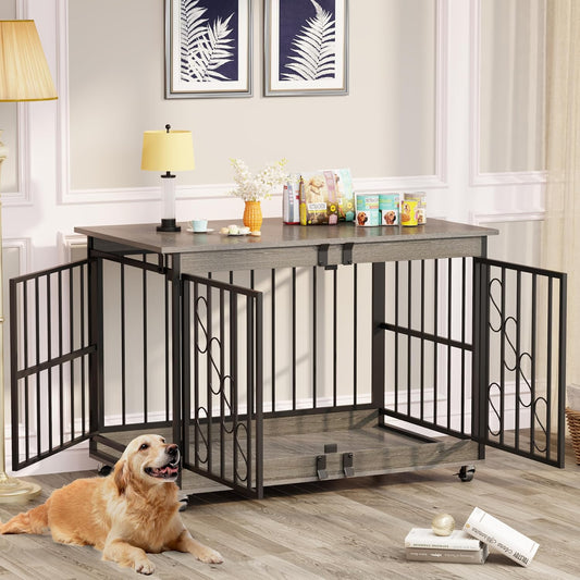 Large Dog Crate Furniture, 48 Inch Heavy Duty Dog Kennel Indoor with Caster Wheels, Wooden Dog Cage Morden Decorative Pet House TV Stand for Xlarge Dogs, Light Gray