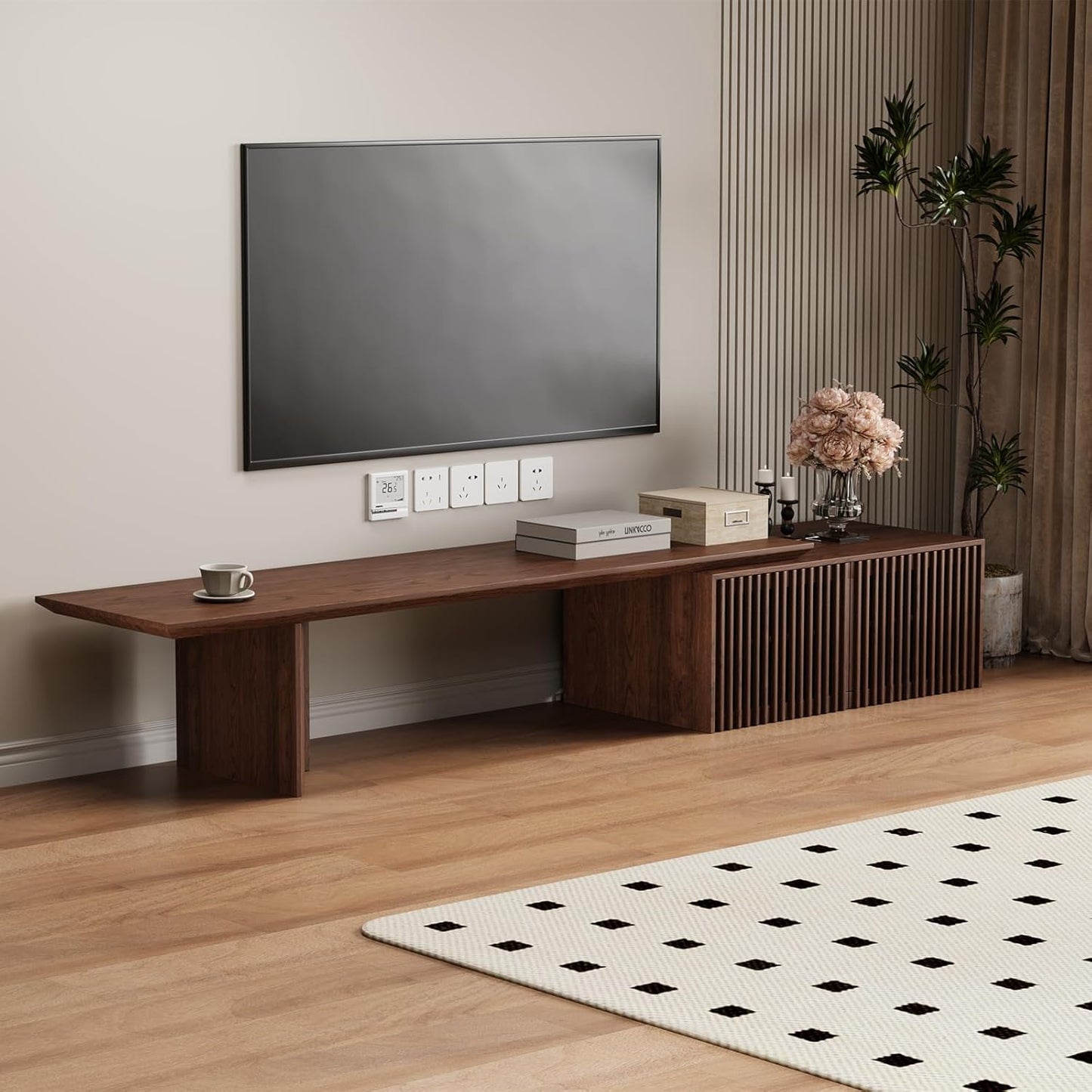 Extendable TV Stand with Storage and Shelves, Wood Entertainment Center for 55+ Inch TV, Modern TV Console, Minimalist Media Console for Living Room, Bedroom-Walnut (Extendable: 78.7"-110")