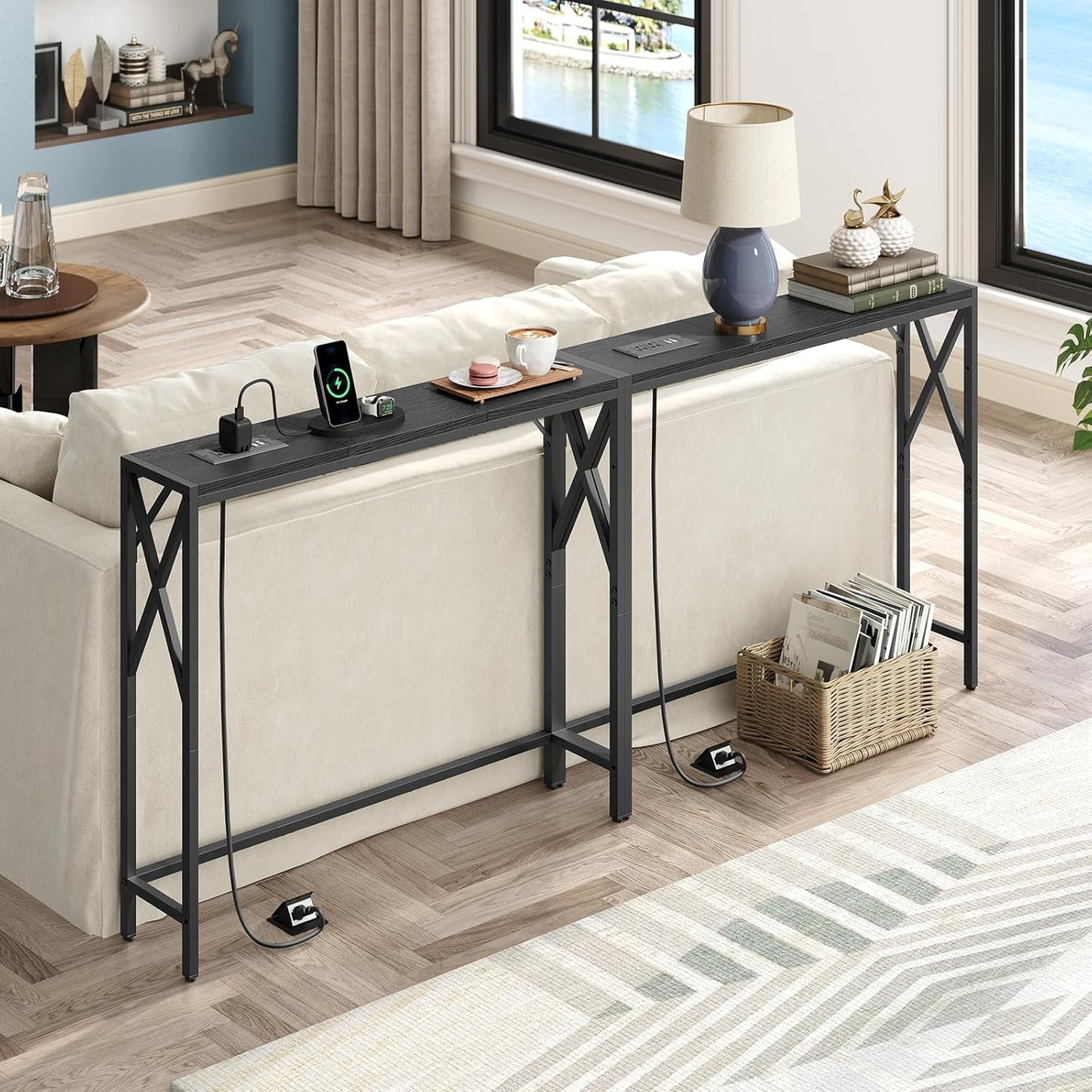 70.8'' Narrow Sofa Table with Charging Station, 2 Pack Skinny Console Table, Long Entryway Hallway Couch Table with Power Outlets, Black CTBK152E01S2