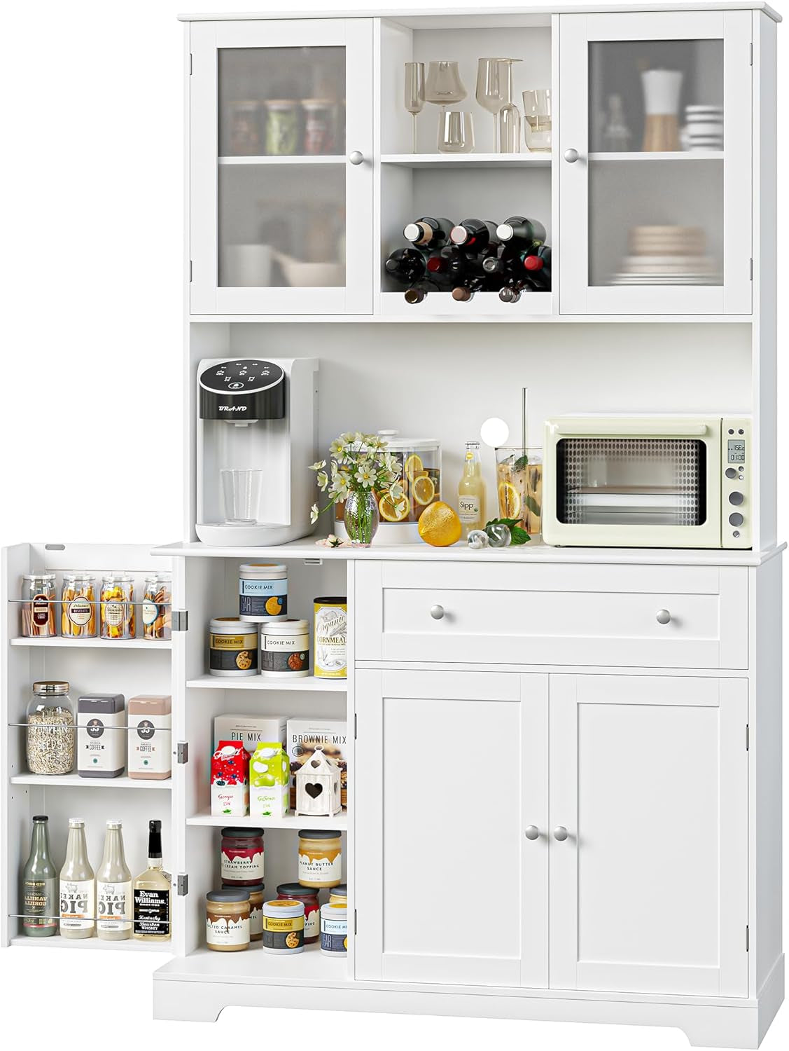 Kitchen Pantry Storage Cabinet, Modern Buffet Cabinet with Hutch, Tall Kitchen Hutch with Microwave Stand, Food Pantry with Doors and Shelves | Wine Rack for Dining Room, White