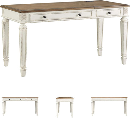 Realyn Home Office Lift Top Desk, USB Charging, Spring Lift Top, Smooth-Gliding Drawer, 60" W X 28" D X 31" H, Chipped White and Brown