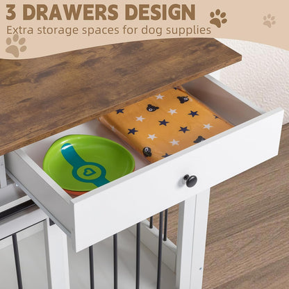 Dog Crate Furniture Large Breed Wooden Dog Kennel with Room Divider & 3 Drawer,Double Doors Heavy Duty Dog Crate End Table Indoor TV Stand for Small Medium Large Dog,72''W*24''D*35''H,White