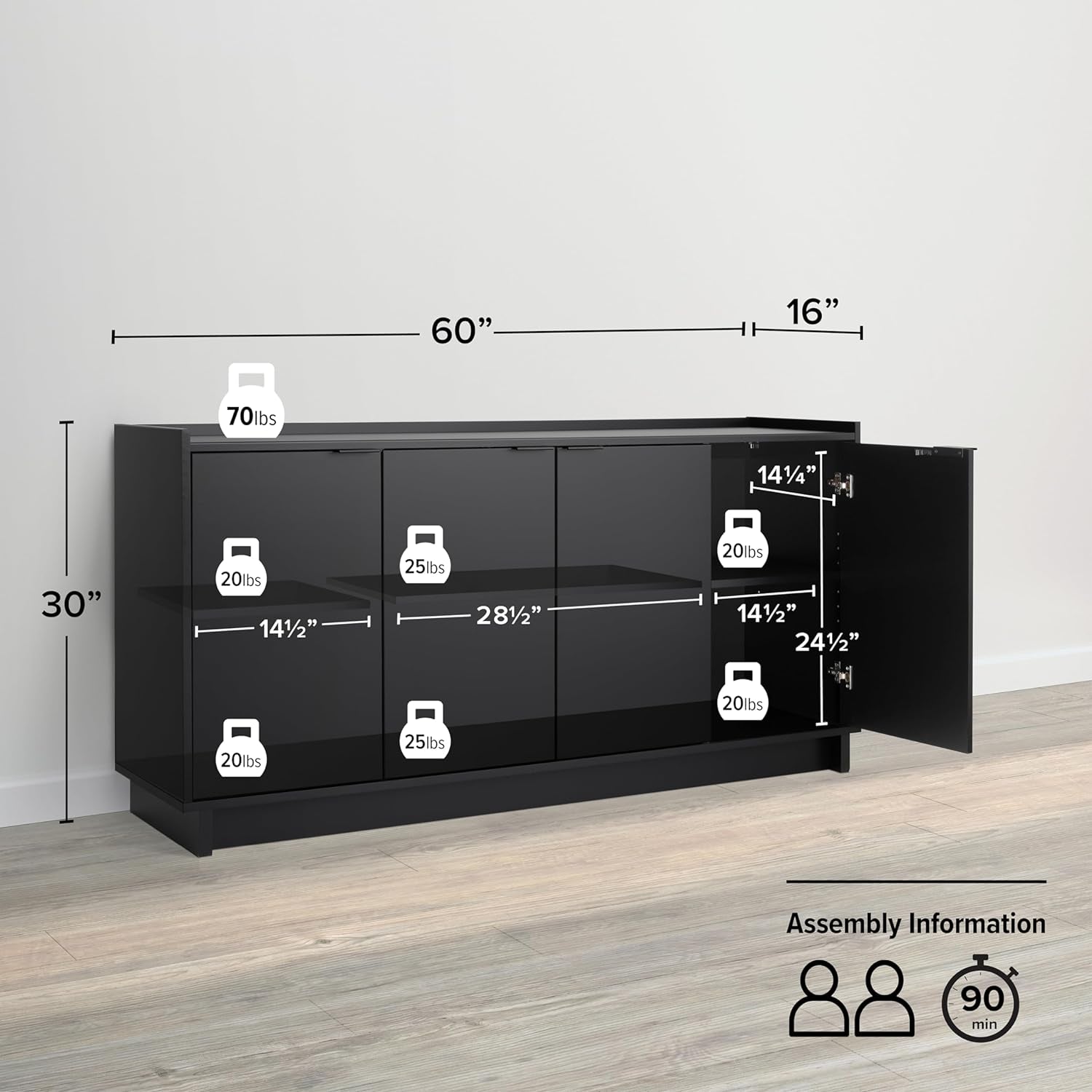 Simply Modern 4 Door Console Table Storage Cabinet, Buffet Cabinet for Storage and Organization, Modern Side Table with Doors & Shelves, 60”W X 30”H X 16”D, Black