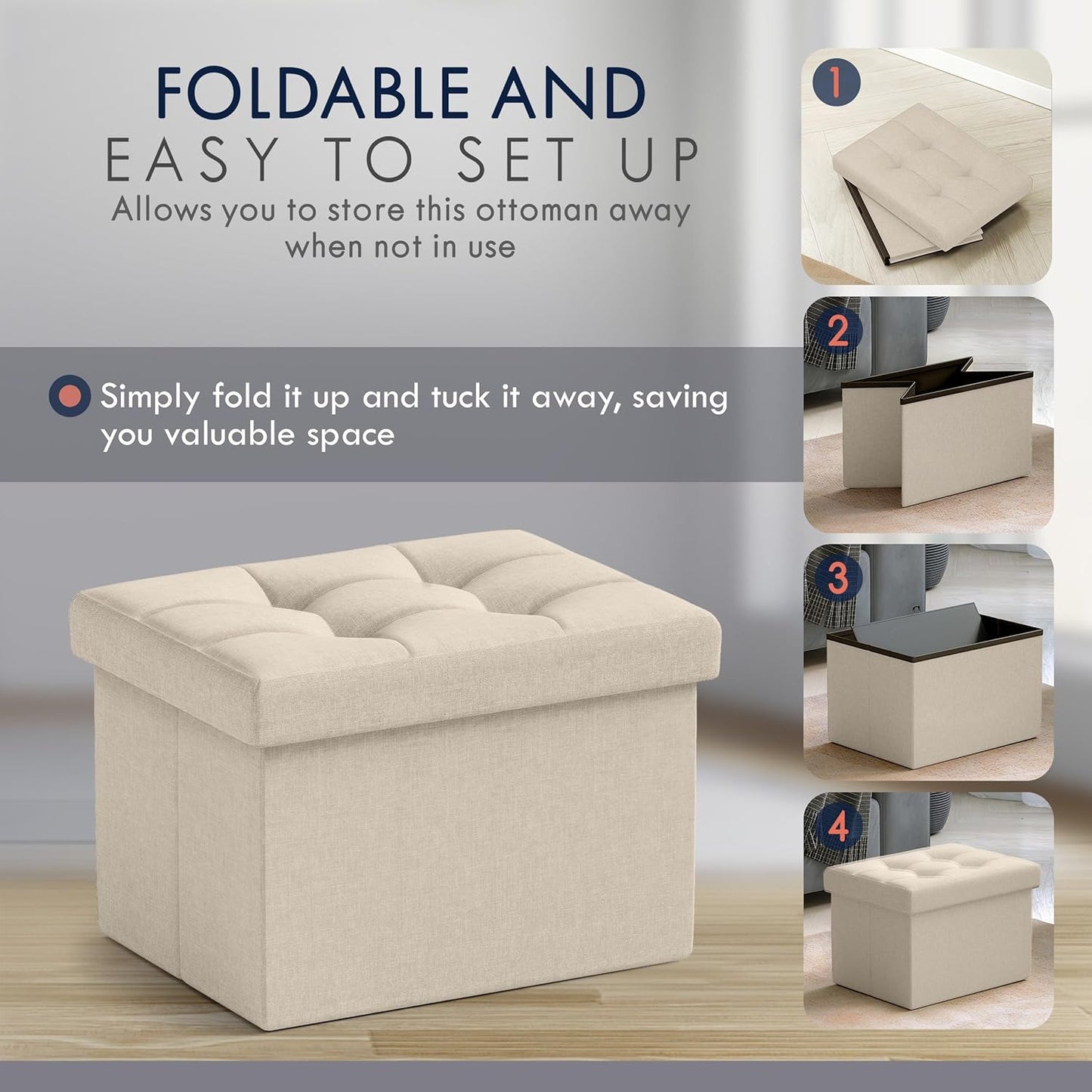 Small Storage Ottoman Foldable Collapsible Rectangle Linen Ottoman Foot Rest Stool Seat, for Living Room, Bedroom, Home Office, Dorm - 12 X 16 X 12, Beige
