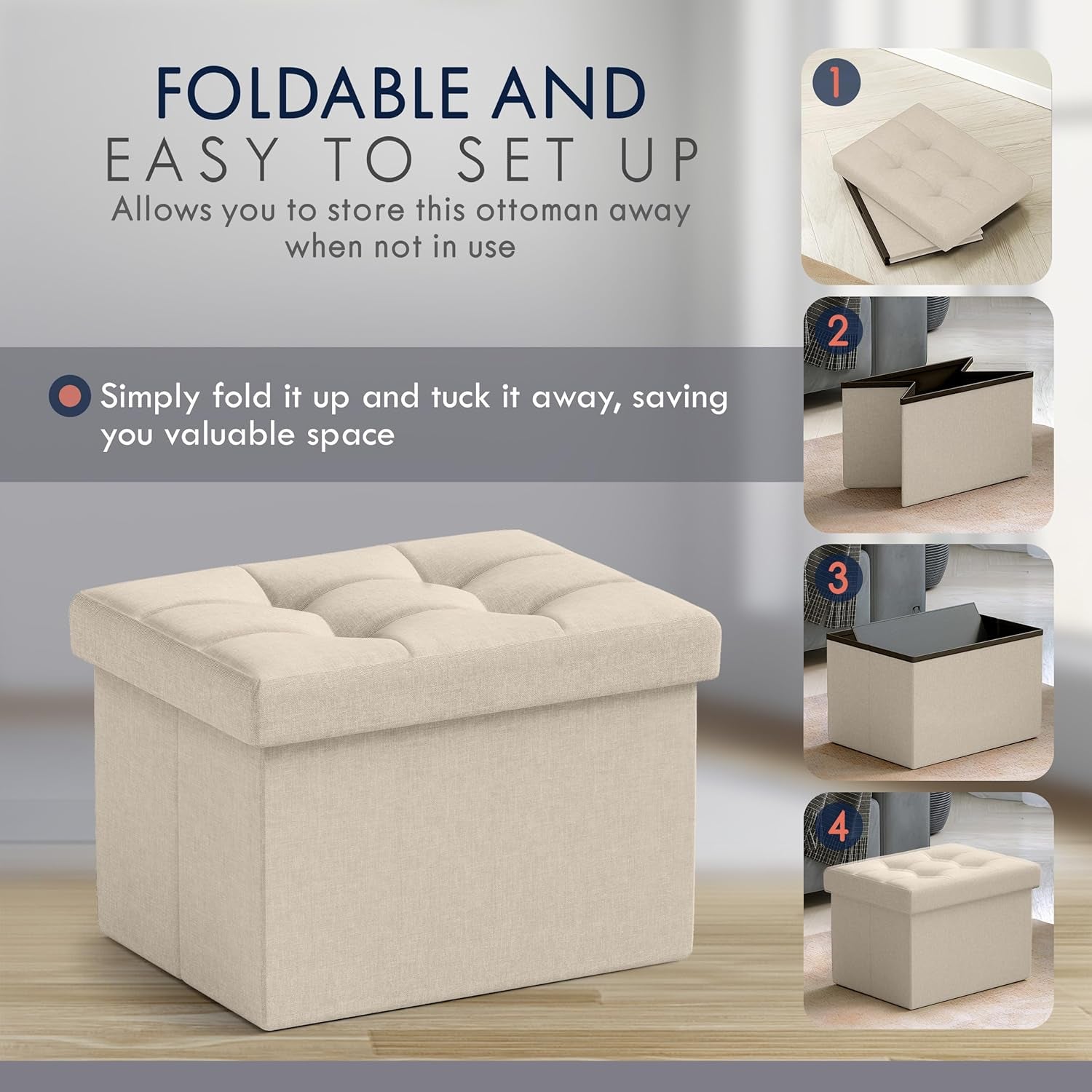 Small Storage Ottoman Foldable Collapsible Rectangle Linen Ottoman Foot Rest Stool Seat, for Living Room, Bedroom, Home Office, Dorm - 12 X 16 X 12, Beige