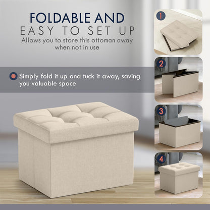 Small Storage Ottoman Foldable Collapsible Rectangle Linen Ottoman Foot Rest Stool Seat, for Living Room, Bedroom, Home Office, Dorm - 12 X 16 X 12, Beige