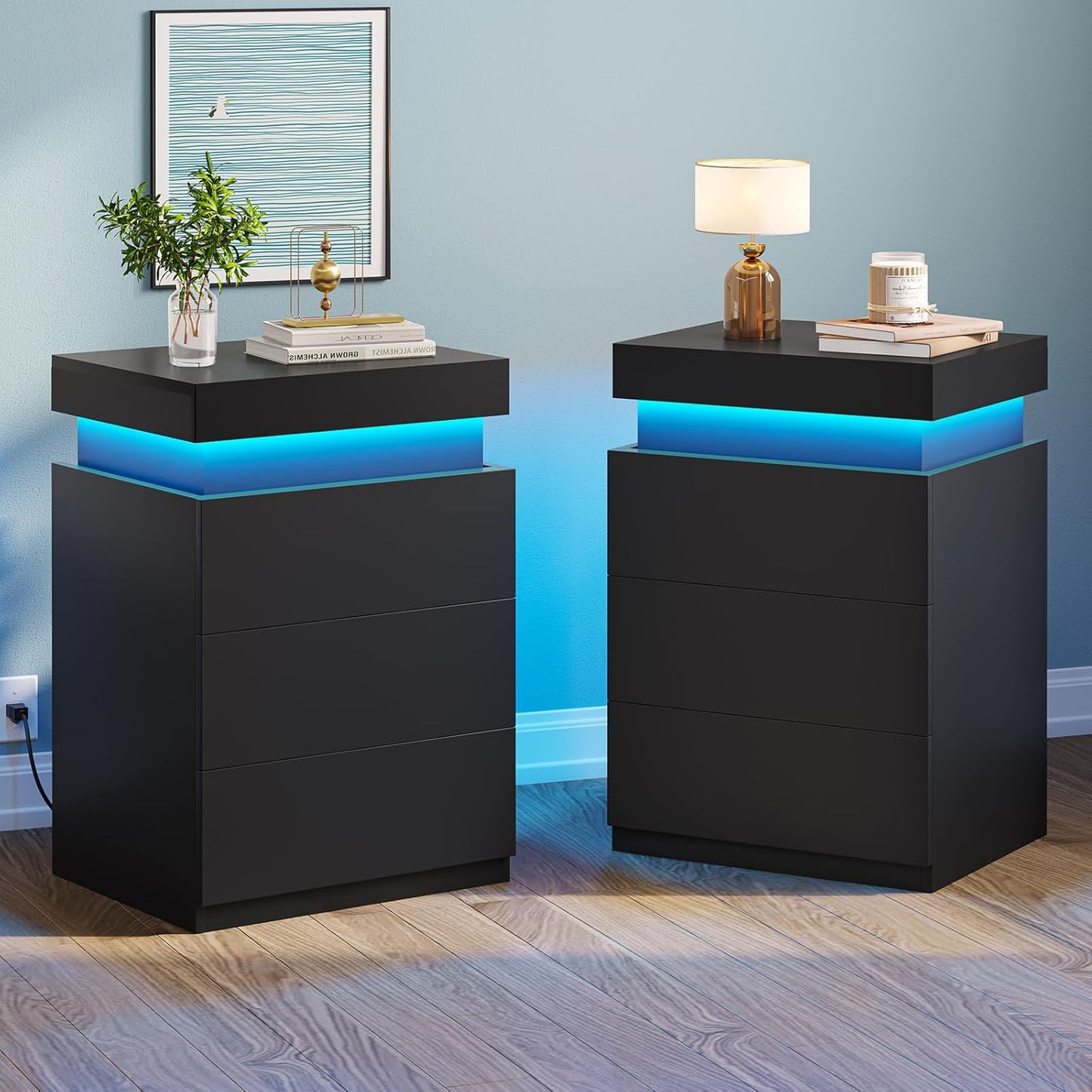 LED Nightstands Set of 2,Night Stands for Bedroom Set of 2,Nightstand with Charging Station and Sliding Top,Bedside Table with Power Outlets & Drawers,Modern End Side Table (Black)