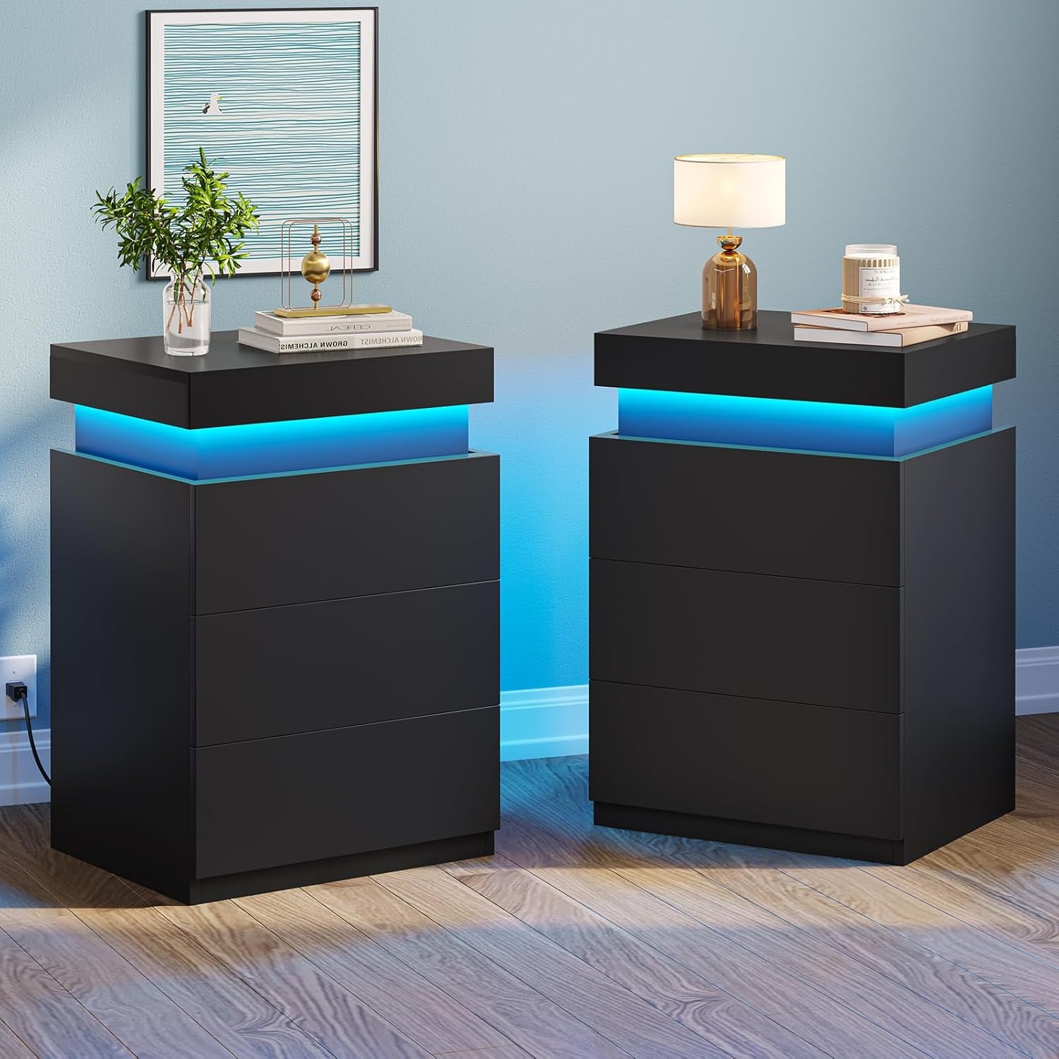 LED Nightstands Set of 2,Night Stands for Bedroom Set of 2,Nightstand with Charging Station and Sliding Top,Bedside Table with Power Outlets & Drawers,Modern End Side Table (Black)