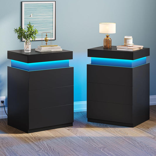 LED Nightstands Set of 2,Night Stands for Bedroom Set of 2,Nightstand with Charging Station and Sliding Top,Bedside Table with Power Outlets & Drawers,Modern End Side Table (Black)
