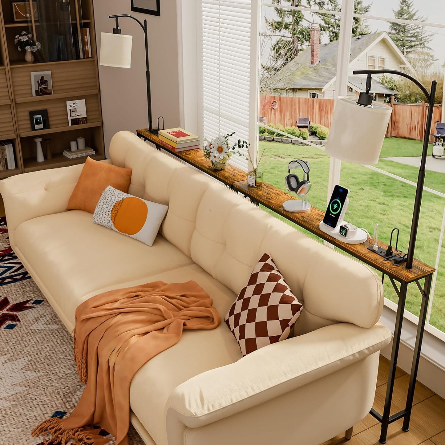 Skinny Console Table with Outlet, Narrow Sofa Table with 3-Color Light, behind Couch Table with 3 Color Temperatures Led Bulb for Living Room, Bedroom, Entryway, Hallway