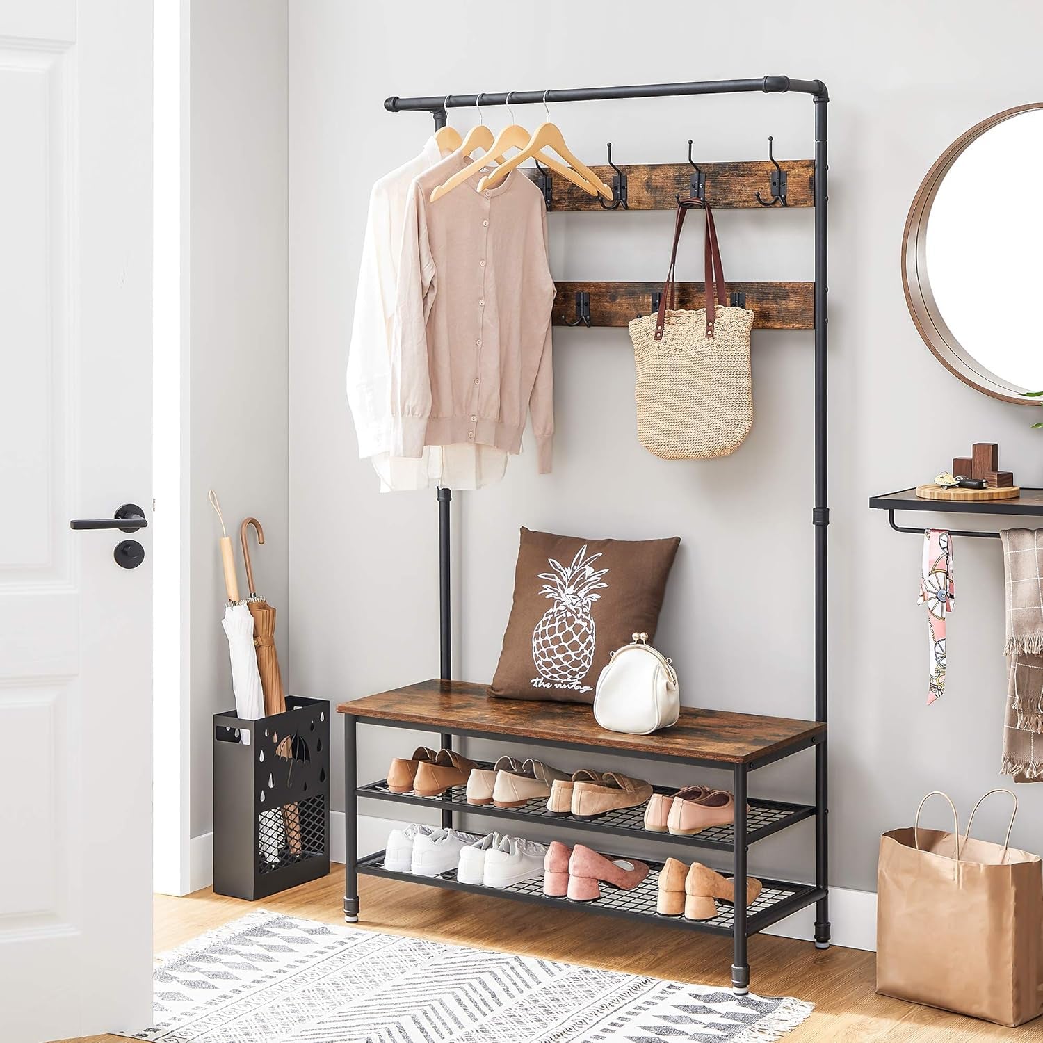 Coat Rack, 3-In-1 Hall Tree, Entryway Shoe Bench Coat Stand, Storage Shelves Accent Furniture Steel Frame Large Size, Industrial, Rustic Brown and Bronze UHSR45AX
