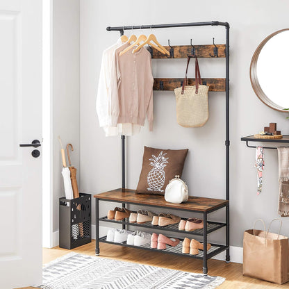 DAINTREE 3-In-1 Entryway Coat Rack and Storage Bench, Pipe Style Hall Tree with 9 Hooks, Multifunctional, Sturdy Steel Frame, Large Size, Industrial, Rustic Brown and Black UHSR47BX