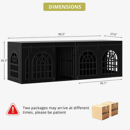 90.2" Double Room Dog Crate Furniture with Sliding Doors– Heavy Duty Wooden Dog Kennel with Hinged Divider, TV Stand & End Table for Large to Medium Dogs, Brown (Black)