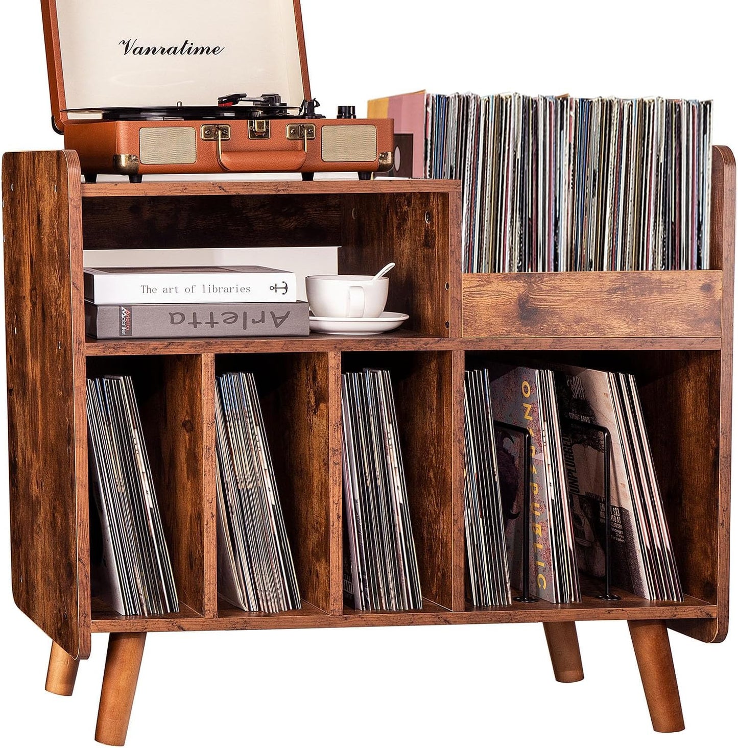 Record Player Stand, Large Record Player Table Cabinet with Open Vinyl Storage and Display Shelf Holds up to 350 Albums, Mid Century Wood Turntable for Living Room, Bedroom (Brown)