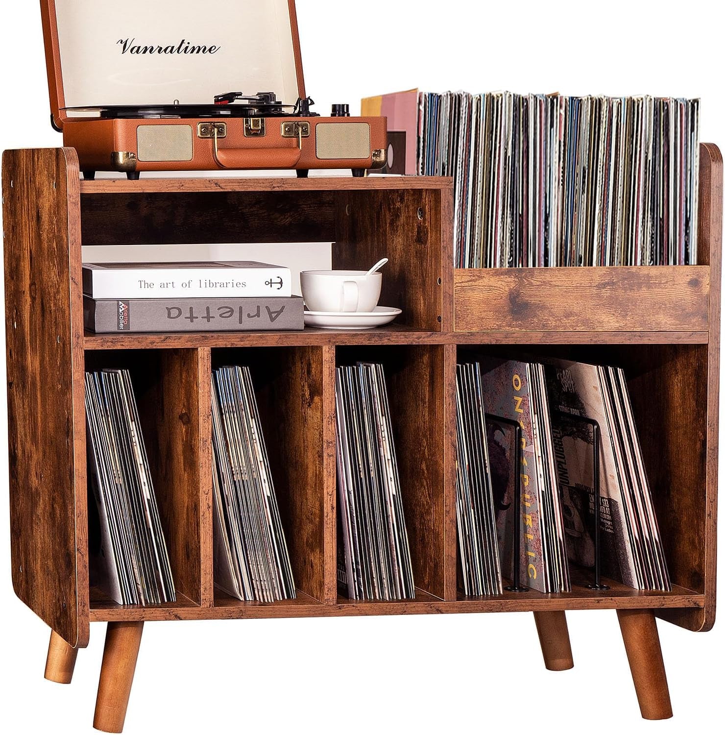 Record Player Stand, Large Record Player Table Cabinet with Open Vinyl Storage and Display Shelf Holds up to 350 Albums, Mid Century Wood Turntable for Living Room, Bedroom (Brown)