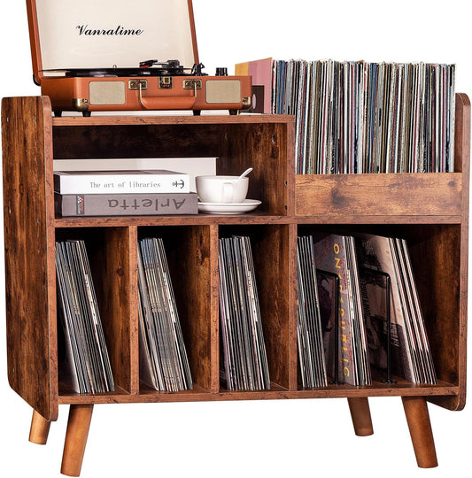 Record Player Stand, Large Record Player Table Cabinet with Open Vinyl Storage and Display Shelf Holds up to 350 Albums, Mid Century Wood Turntable for Living Room, Bedroom (Brown)