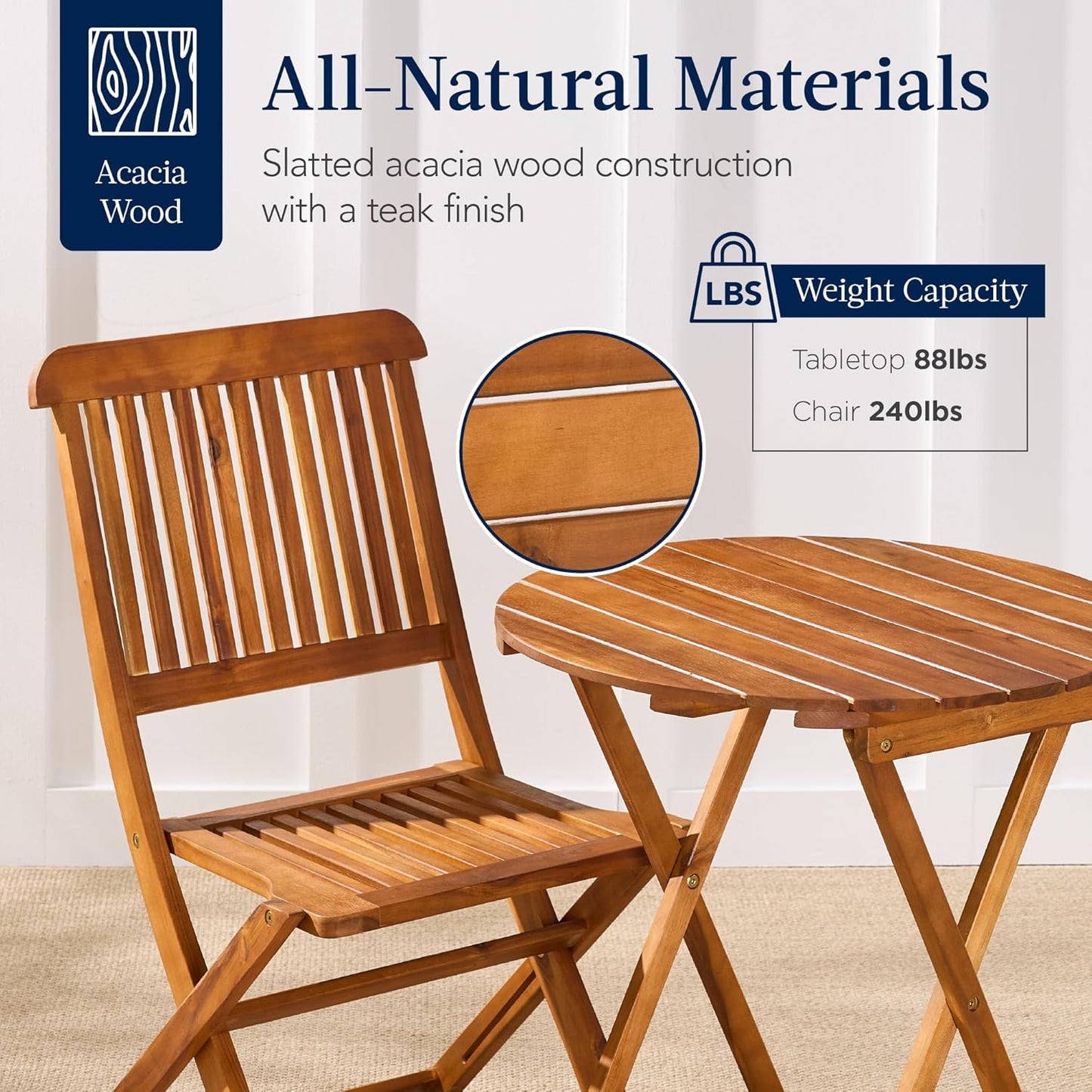 3-Piece Acacia Wood Bistro Set, Folding Patio Furniture for Backyard, Balcony, Deck W/ 2 Chairs, round Coffee Table, Teak Finish - Natural