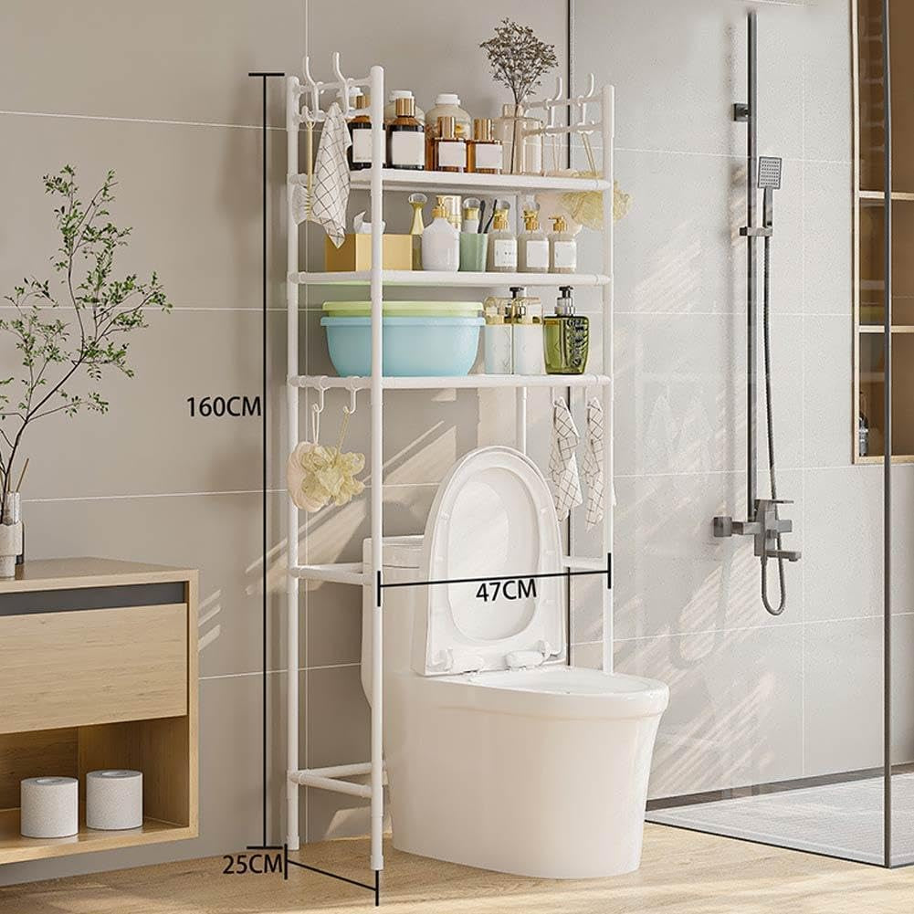 3-Tier over the Toilet Storage,Freestanding Metal Bathroom Shelves with 4 Hooks,Adjustable Shelf and Basket,Freestanding Space Saver Bathroom Shelves above Toilet for Room Black，White