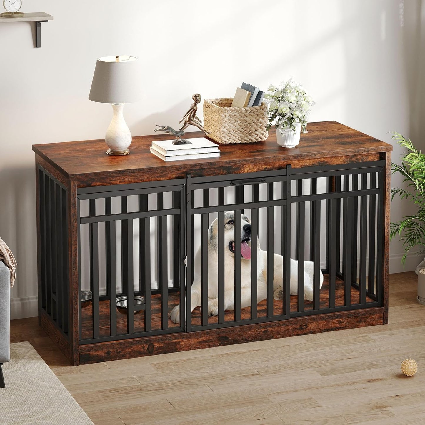 55" Extra Large Dog Crate Furniture, Heavy Duty Metal Dog Kennel TV Stand with Sliding Door, Wooden Dog Cage Table with Dog Bowl for Extra Large Medium Dogs or 2 Small Dogs, Rustic Brown