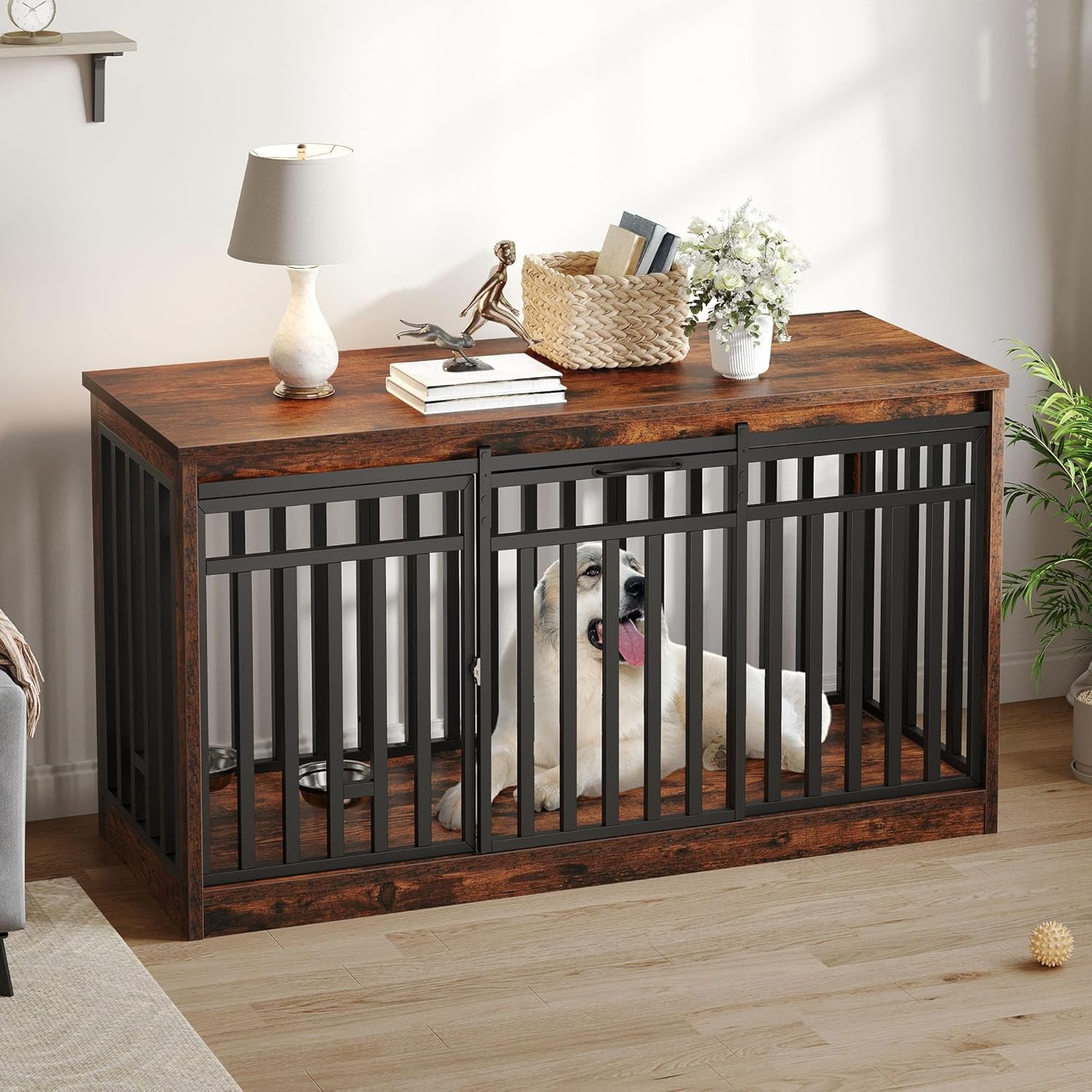55" Extra Large Dog Crate Furniture, Heavy Duty Metal Dog Kennel TV Stand with Sliding Door, Wooden Dog Cage Table with Dog Bowl for Extra Large Medium Dogs or 2 Small Dogs, Rustic Brown