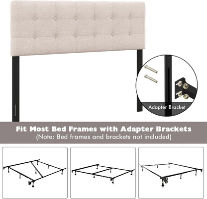 Linen Upholstered Headboard, Adjustable Width Button Tufted Headboard Only with Solid Wood Legs, Attach Frame, Modern Headboards for Queen Full Size Bed, Beige