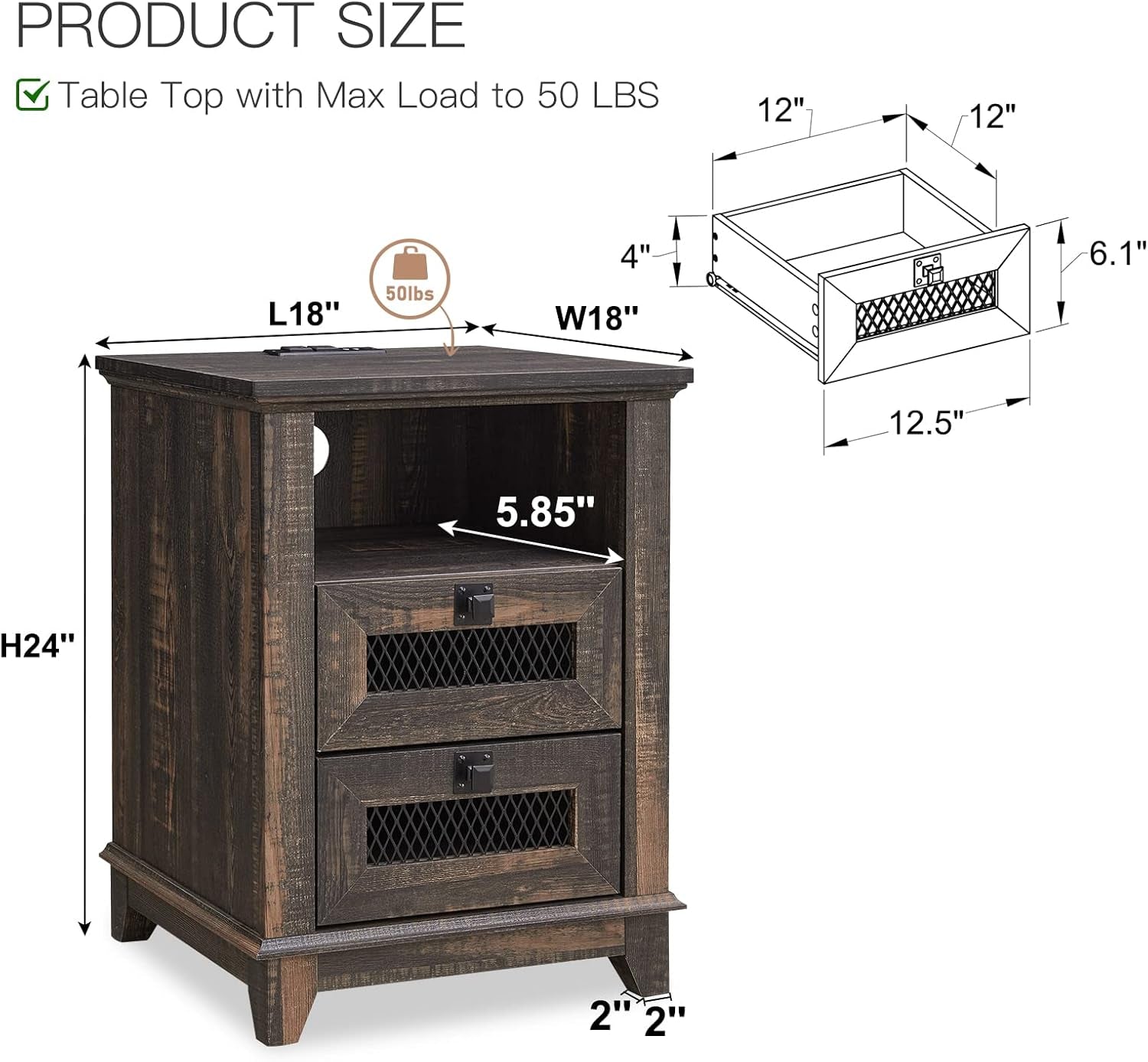 Nightstand with Charging Station, 18'' Industrial & Farmhouse End Table with 2 Drawers & Open Cubby, Rustic Mesh Drawer Sofa Side Table W/Storage for Bedroom, Living Room, Office, Dark Rustic Oak